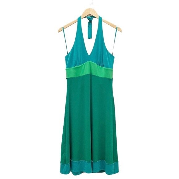 BCBGMaxAzria Halter Dress Teal & Aqua Color-block Midi Dress Y2K Size Large - Picture 1 of 9